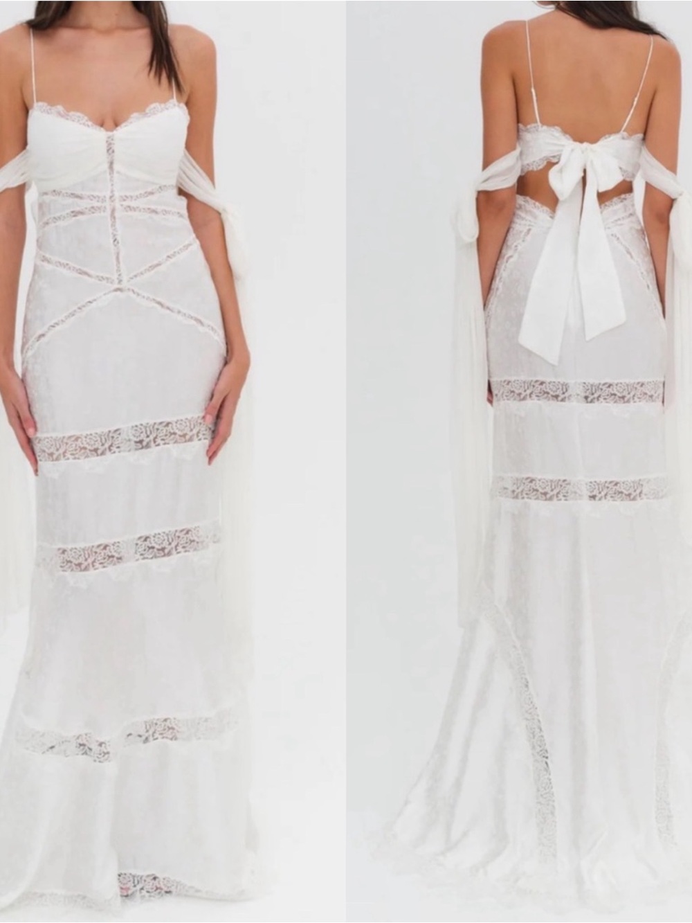 FOR LOVE & LEMONS Rita Silk Off the Shoulder Lace Tiered White Maxi Dress Size S
